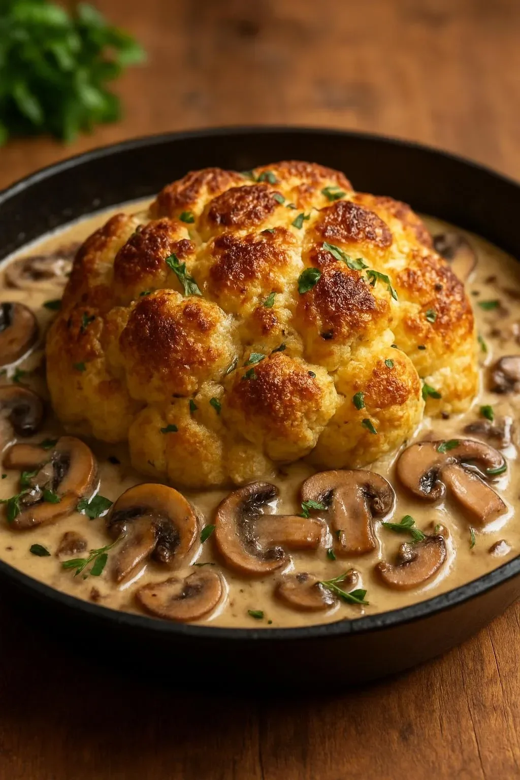 Roast cauliflower served with silky mushroom and Gruyère cheese sauce