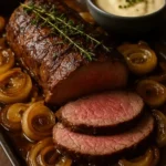 Roasted beef tenderloin with caramelized French onions and horseradish sauce