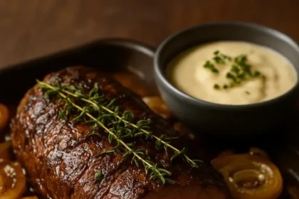 Roasted beef tenderloin with caramelized French onions and horseradish sauce
