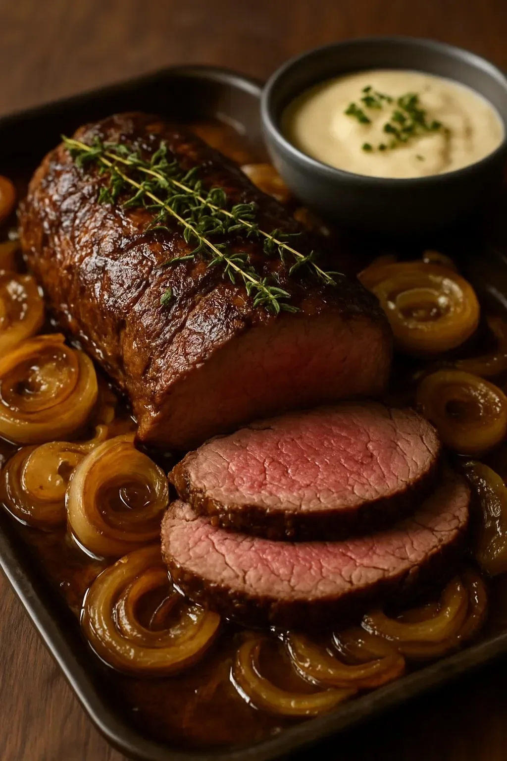 Roasted beef tenderloin with caramelized French onions and horseradish sauce