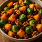 Delicious roasted Brussels sprouts and butternut squash dish served in a bowl.