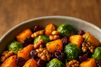 Delicious roasted Brussels sprouts and butternut squash dish served in a bowl.