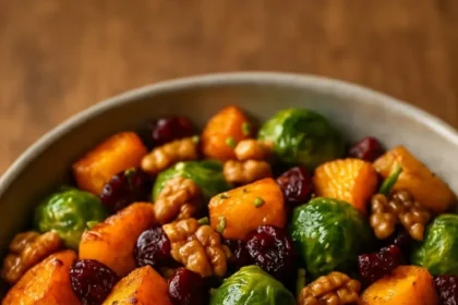 Delicious roasted Brussels sprouts and butternut squash dish served in a bowl.