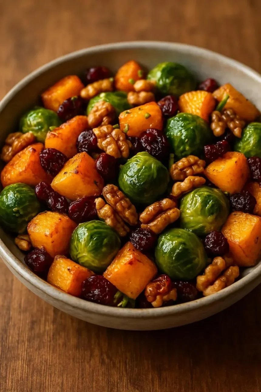 Delicious roasted Brussels sprouts and butternut squash dish served in a bowl.