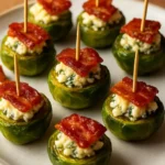 Plate of roasted Brussels sprouts topped with blue cheese and crispy bacon