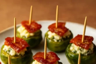 Plate of roasted Brussels sprouts topped with blue cheese and crispy bacon
