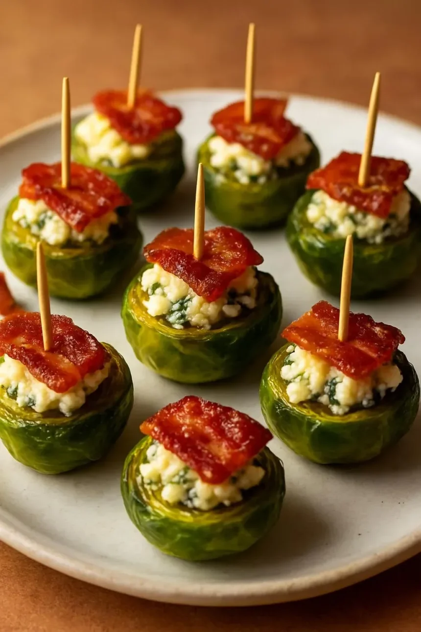 Plate of roasted Brussels sprouts topped with blue cheese and crispy bacon