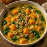 Bowl of roasted butternut soup with chicken sausage and spinach