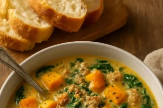 Bowl of roasted butternut soup with chicken sausage and spinach