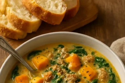 Bowl of roasted butternut soup with chicken sausage and spinach