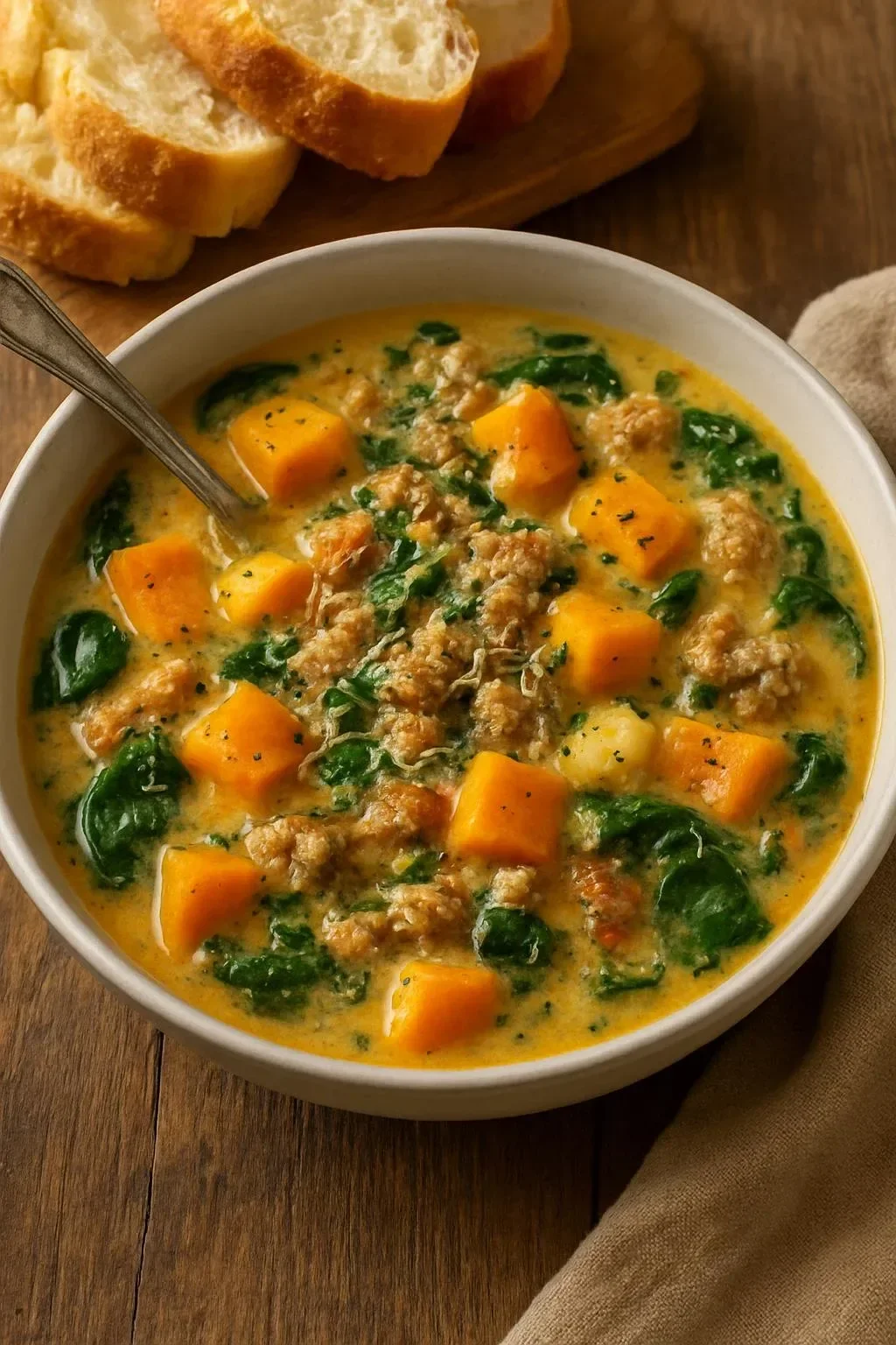 Bowl of roasted butternut soup with chicken sausage and spinach