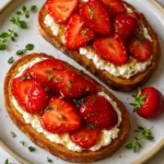 Roasted strawberry whipped ricotta toast on a plate with fresh strawberries