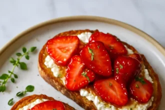 Roasted strawberry whipped ricotta toast on a plate with fresh strawberries