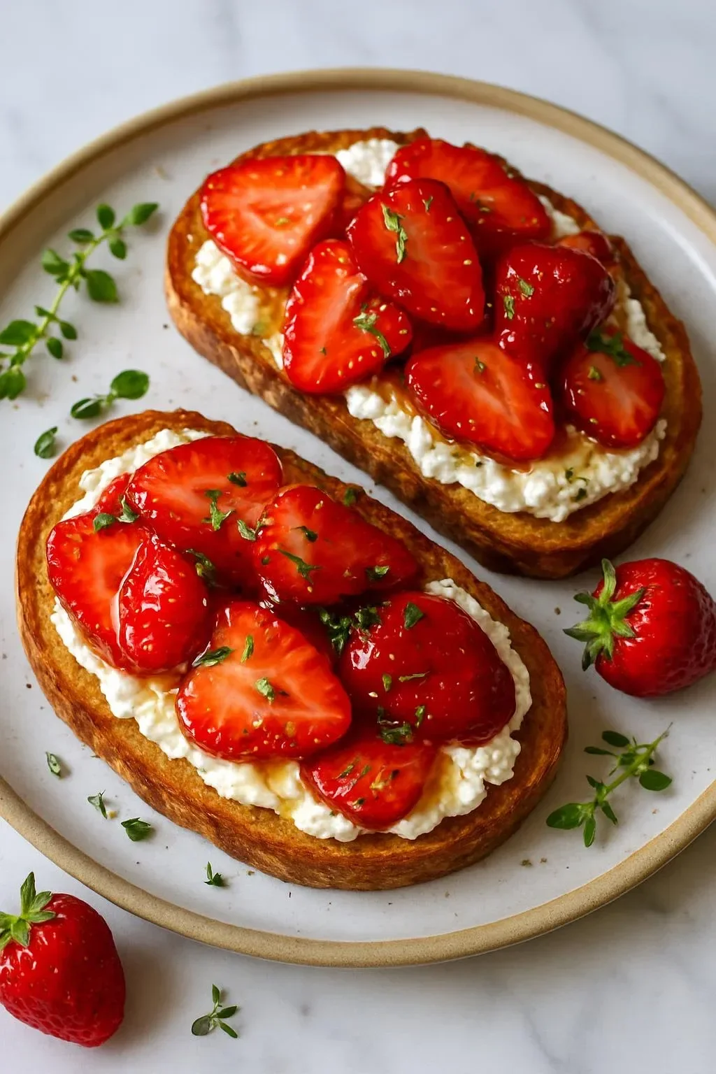 Roasted strawberry whipped ricotta toast on a plate with fresh strawberries