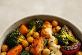Roasted veggie and chickpea bowl drizzled with maple dijon tahini dressing