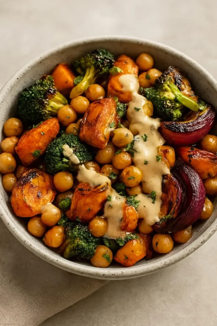 Roasted veggie and chickpea bowl drizzled with maple dijon tahini dressing