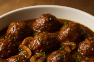 Salisbury steak meatballs served with gravy and mashed potatoes