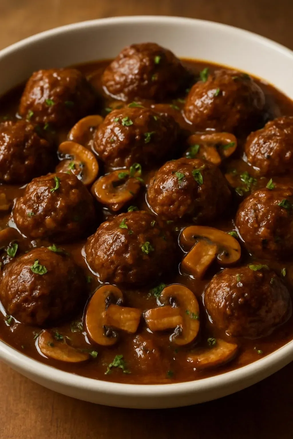 Salisbury steak meatballs served with gravy and mashed potatoes