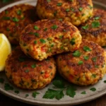 Delicious salmon patties served with dipping sauce and fresh herbs.