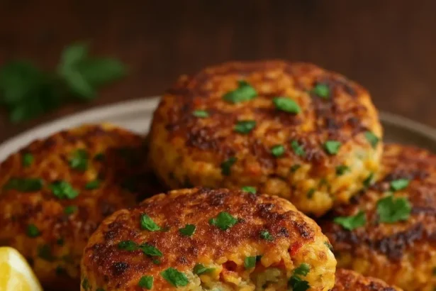 Delicious salmon patties served with dipping sauce and fresh herbs.