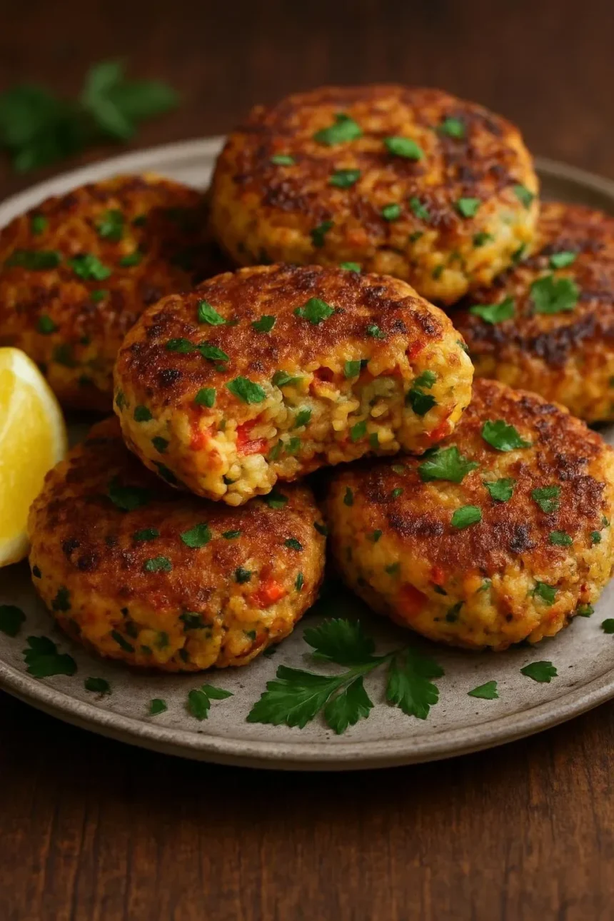 Delicious salmon patties served with dipping sauce and fresh herbs.