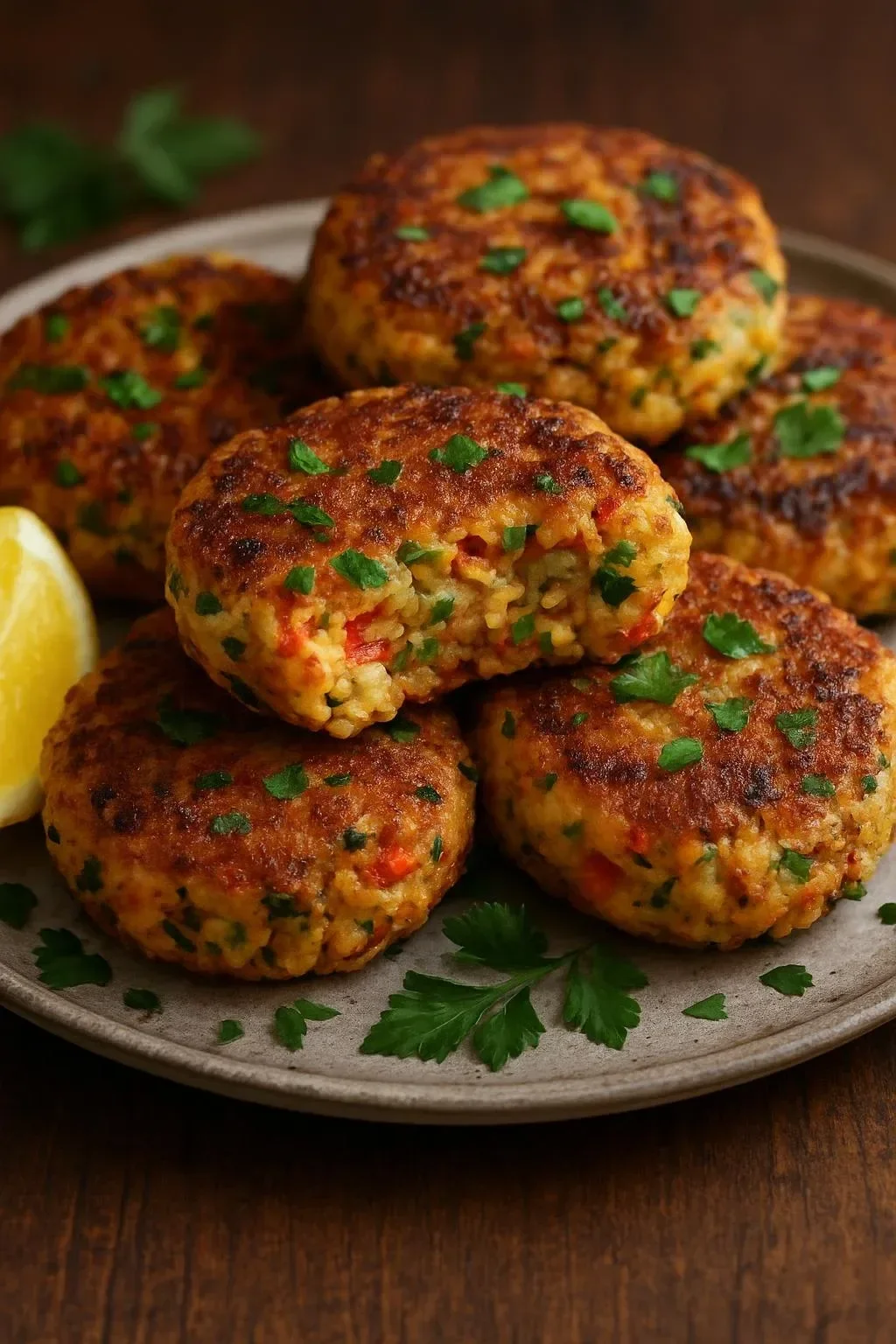 Delicious salmon patties served with dipping sauce and fresh herbs.