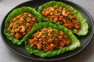 Savory chicken lettuce wraps served with colorful vegetables
