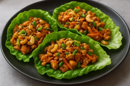 Savory chicken lettuce wraps served with colorful vegetables