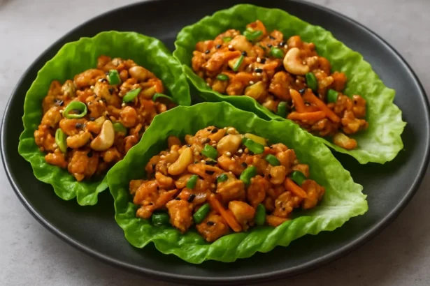 Savory chicken lettuce wraps served with colorful vegetables