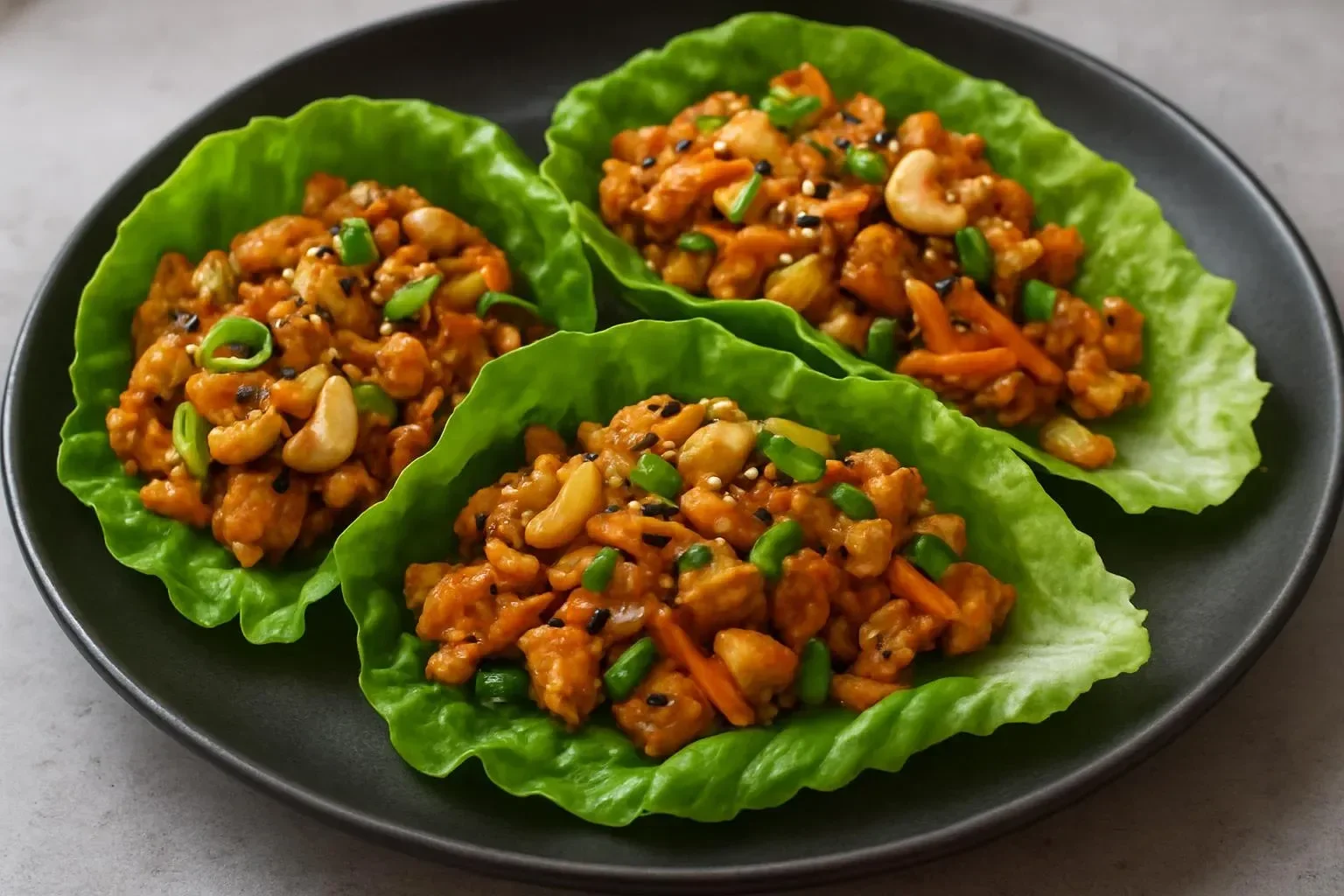 Savory chicken lettuce wraps served with colorful vegetables