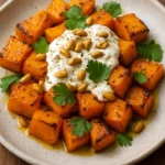 Savory roasted pumpkin served with lemon yogurt sauce on a plate