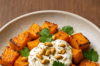 Savory roasted pumpkin served with lemon yogurt sauce on a plate