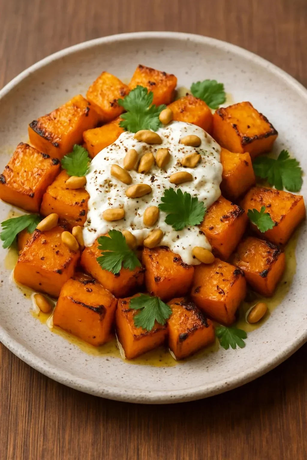 Savory roasted pumpkin served with lemon yogurt sauce on a plate