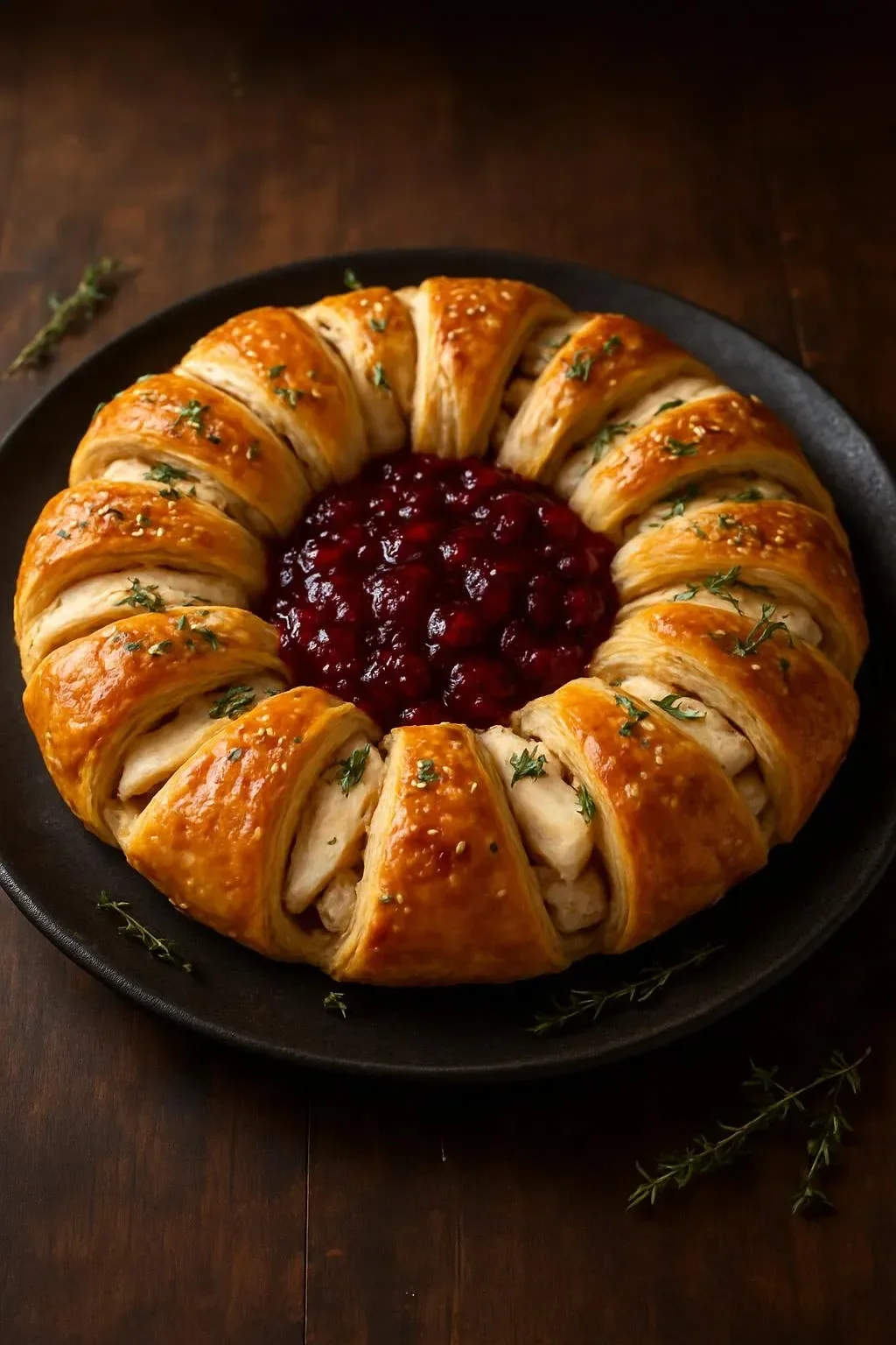 Savory Turkey Crescent Ring with cranberry filling in a flaky pastry