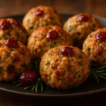 Savory turkey stuffing balls with cranberries served on a festive platter.