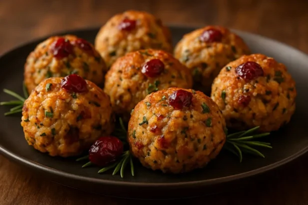 Savory turkey stuffing balls with cranberries served on a festive platter.