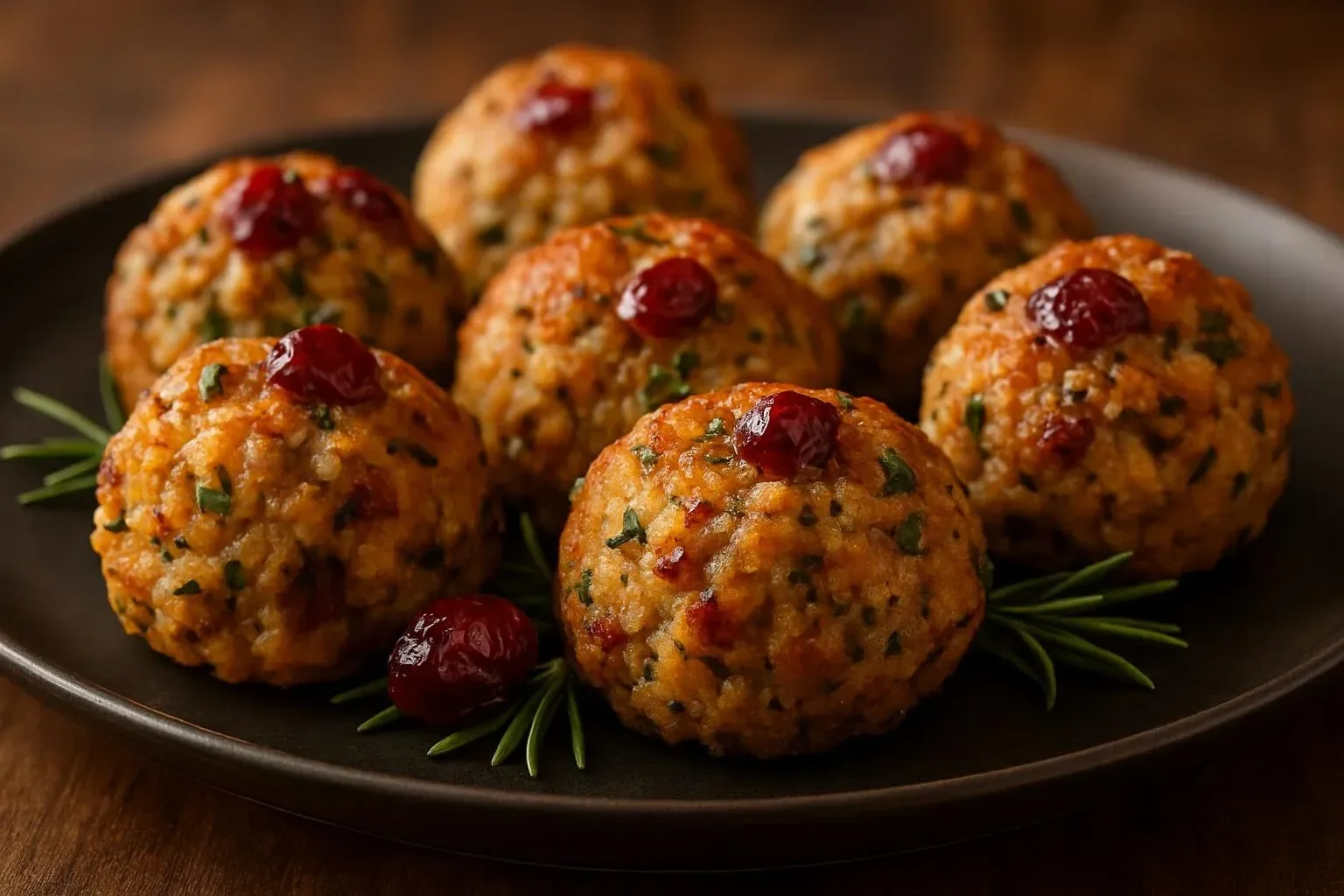 Savory turkey stuffing balls with cranberries served on a festive platter.