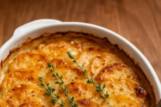 Delicious scalloped potatoes with Gruyere and Cheddar cheese baked to perfection.