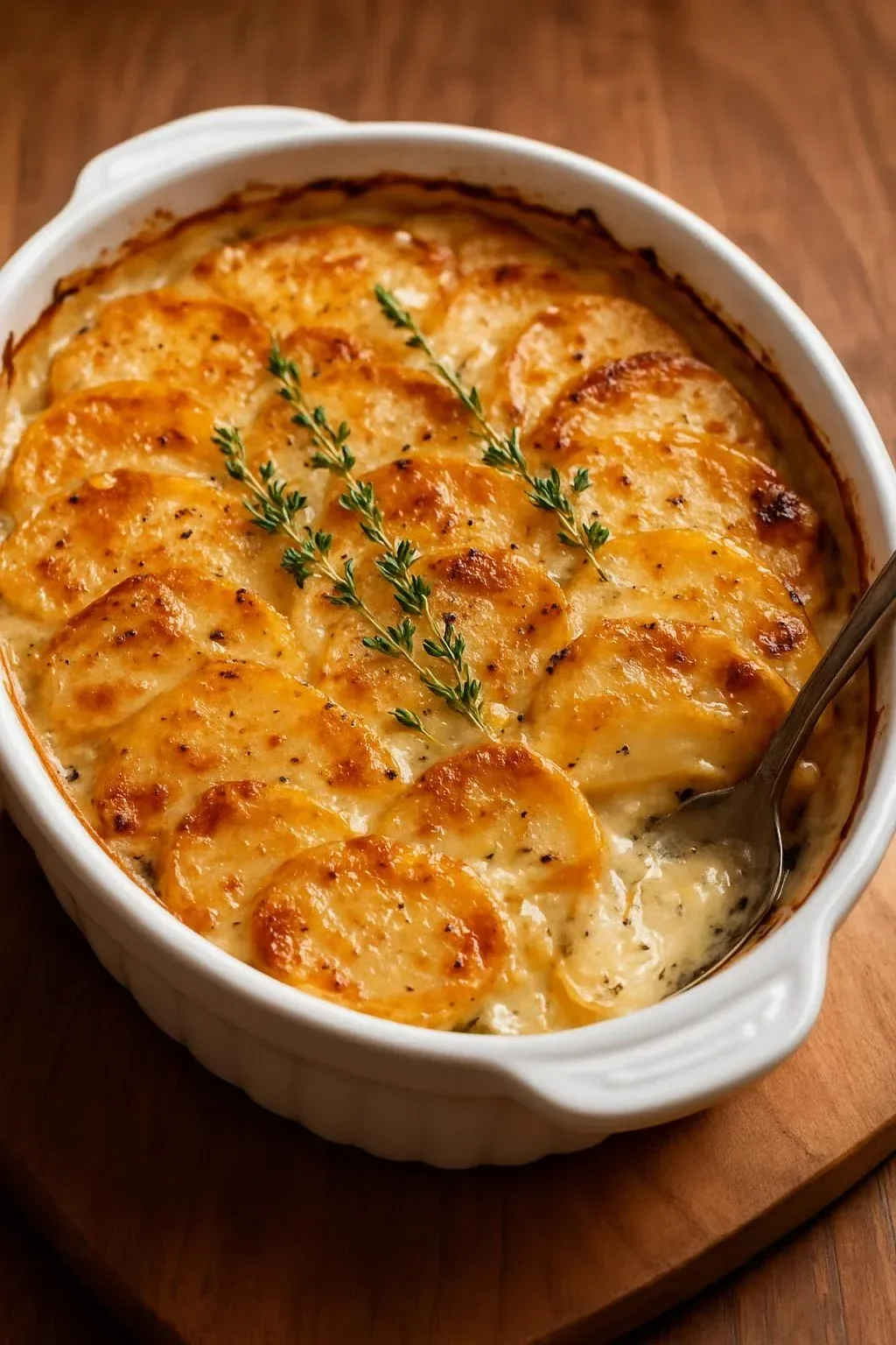 Delicious scalloped potatoes with Gruyere and Cheddar cheese baked to perfection.