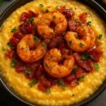 Shrimp and grits topped with crispy bacon and cheddar in a bowl