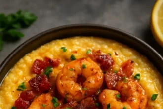 Shrimp and grits topped with crispy bacon and cheddar in a bowl