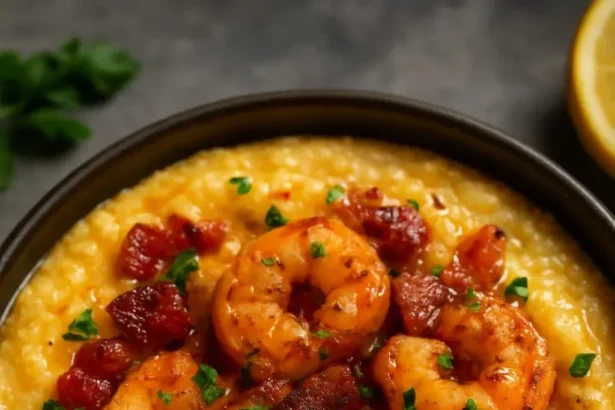 Shrimp and grits topped with crispy bacon and cheddar in a bowl