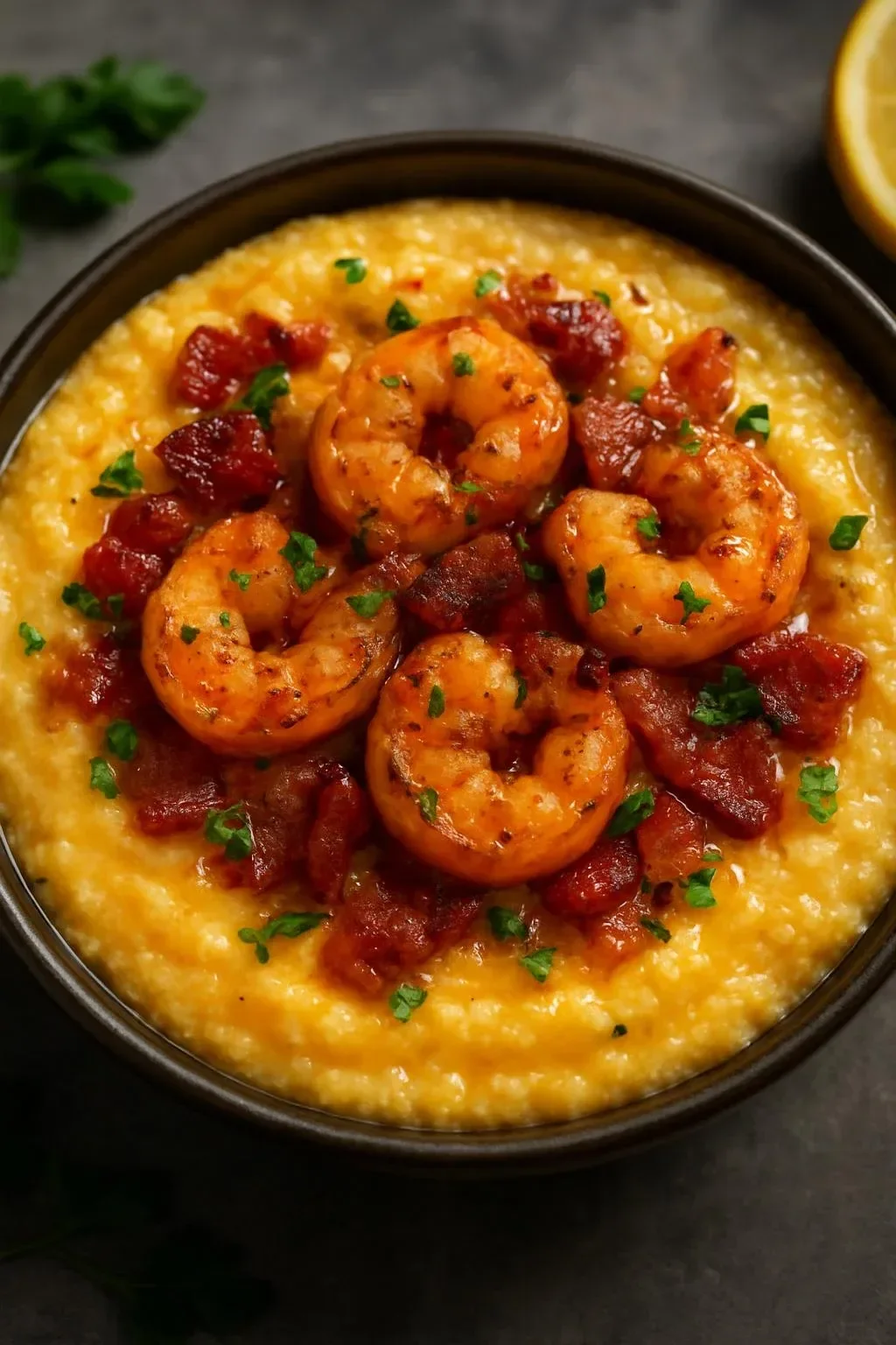 Shrimp and grits topped with crispy bacon and cheddar in a bowl