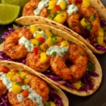 Shrimp tacos garnished with mango salsa and cilantro sauce served on a plate