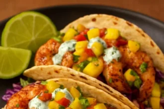 Shrimp tacos garnished with mango salsa and cilantro sauce served on a plate