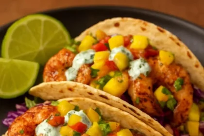 Shrimp tacos garnished with mango salsa and cilantro sauce served on a plate