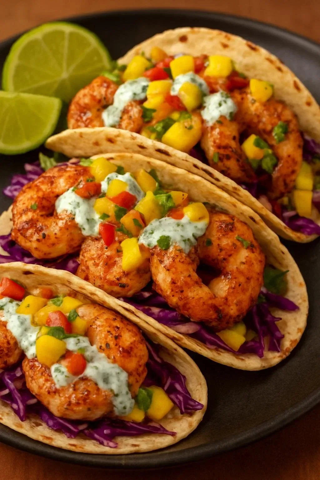 Shrimp tacos garnished with mango salsa and cilantro sauce served on a plate