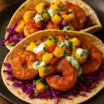 Shrimp tacos topped with mango salsa and creamy cilantro sauce