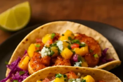 Shrimp tacos topped with mango salsa and creamy cilantro sauce
