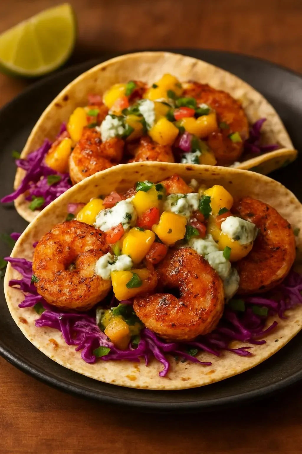 Shrimp tacos topped with mango salsa and creamy cilantro sauce